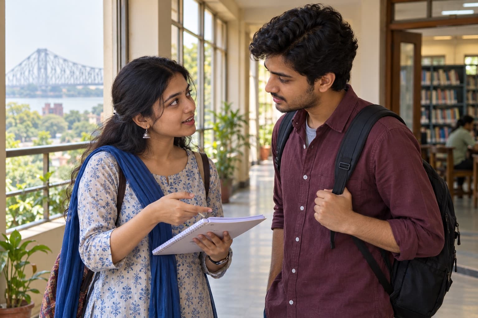 Illustrative Bengali college students asking and answering a question near a library in Howrah