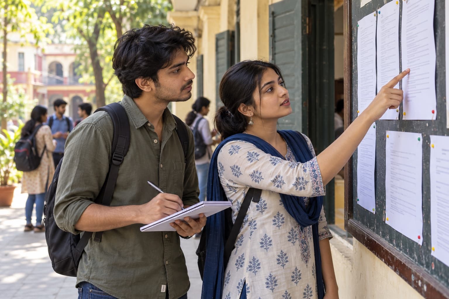 Illustrative Indian adult college students reading a noticeboard in Kolkata