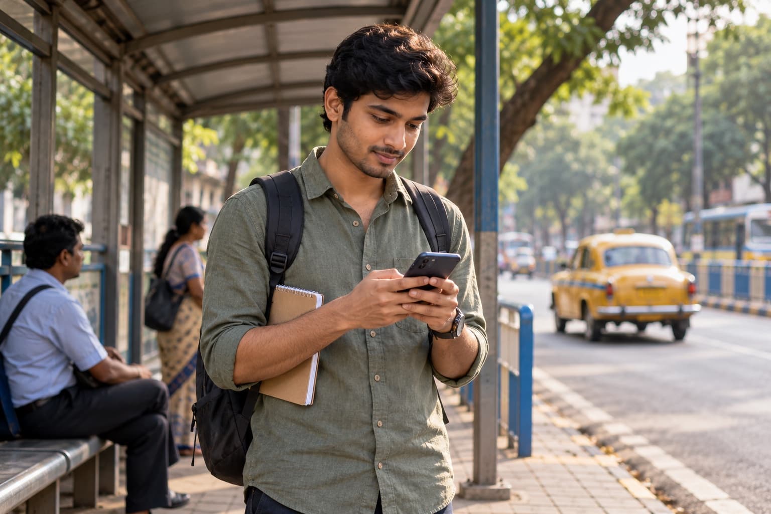Illustrative Indian adult learner writing a short message while waiting beside a Kolkata bus shelter