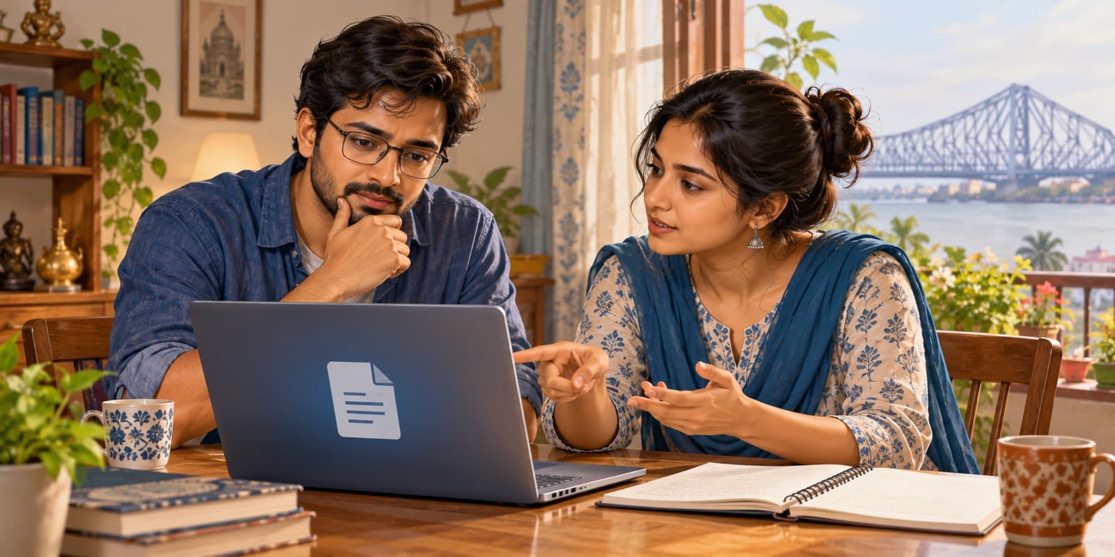 Illustrative Indian adults discussing a file problem on a laptop in a Howrah home