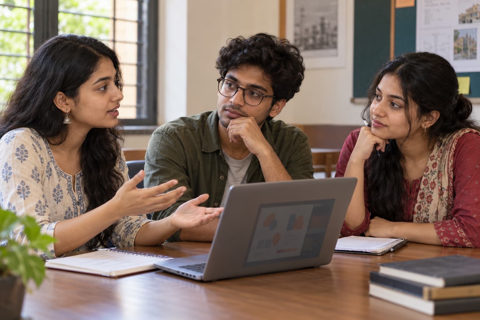 Illustrative Indian adult college students discussing different presentation ideas in Kolkata