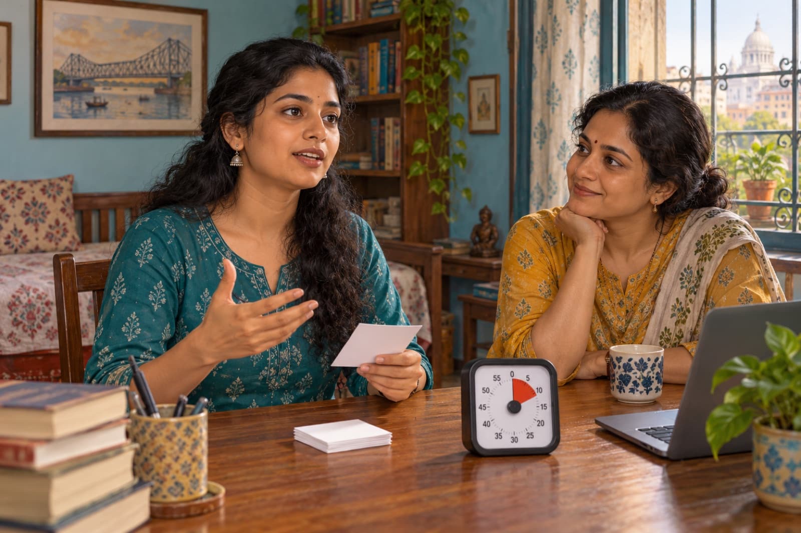Illustrative Indian learner making notes beside a timer and rehearsing with a partner in Kolkata