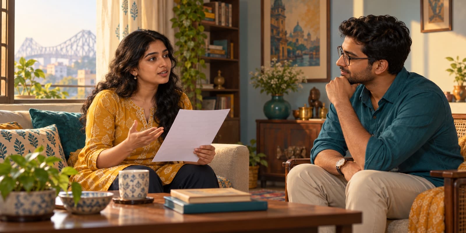 Illustrative Indian adults practising an interview answer with a role description in Kolkata