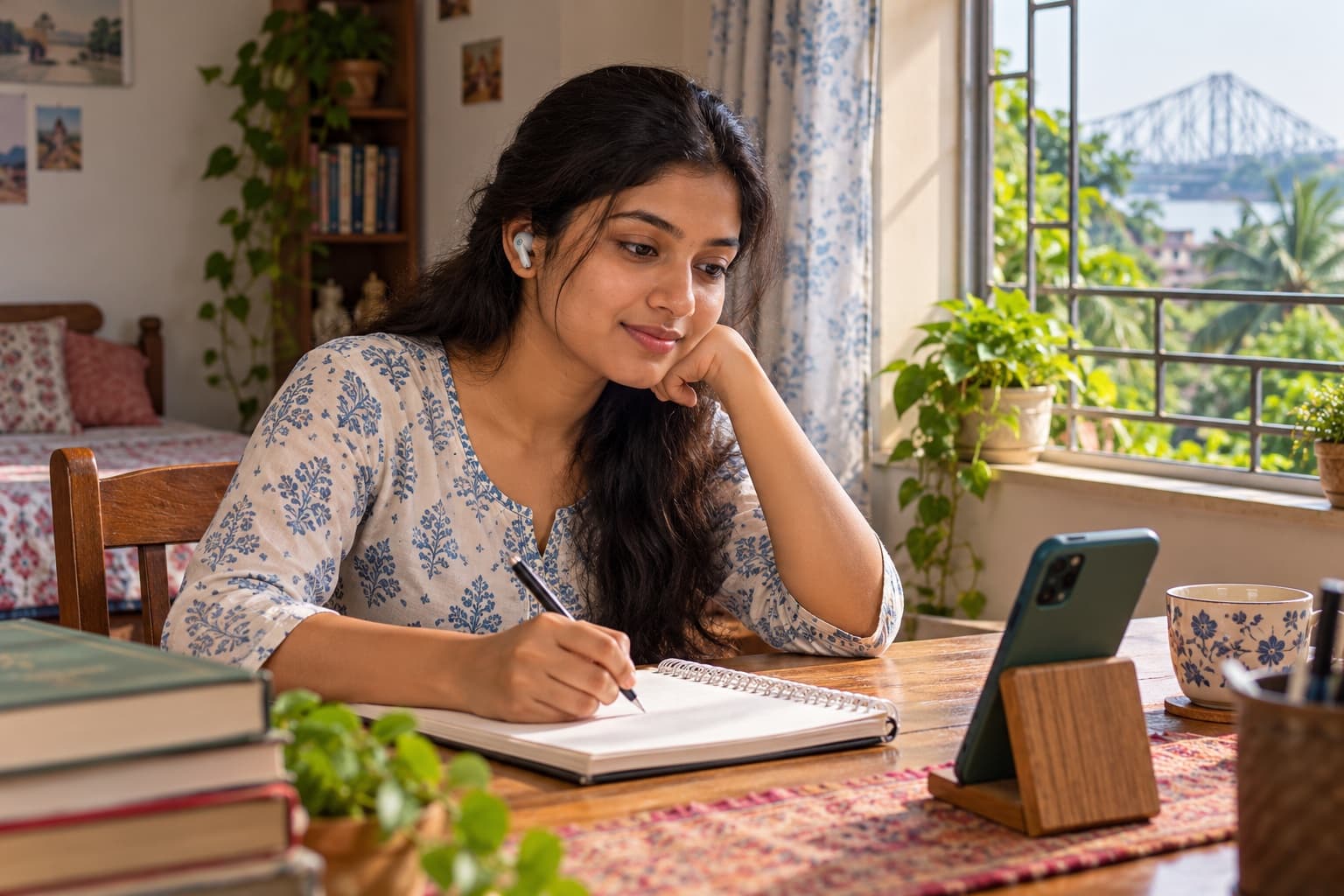 Illustrative Indian adult learner listening to a voice message and taking notes at home in Howrah
