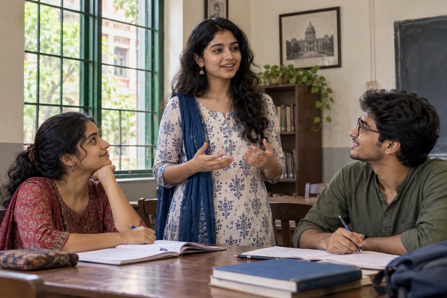 Illustrative Indian college student introducing herself to peers in Kolkata