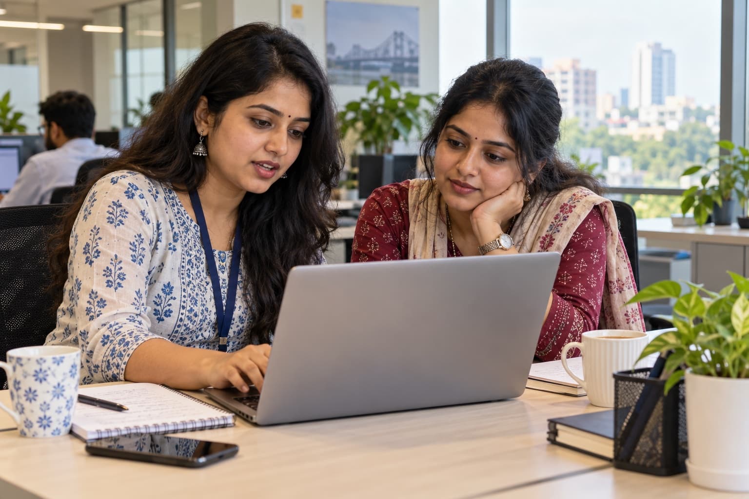 Illustrative Indian colleagues discussing an email at a Salt Lake office